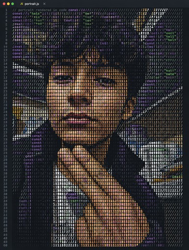Pixelated portrait of a person making a peace sign in dark tones.