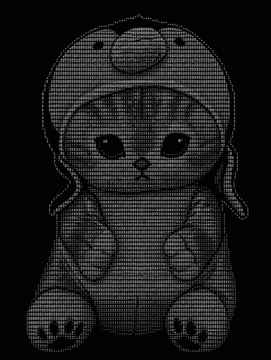 ASCII art of a seated hooded character with paws and a neutral expression.