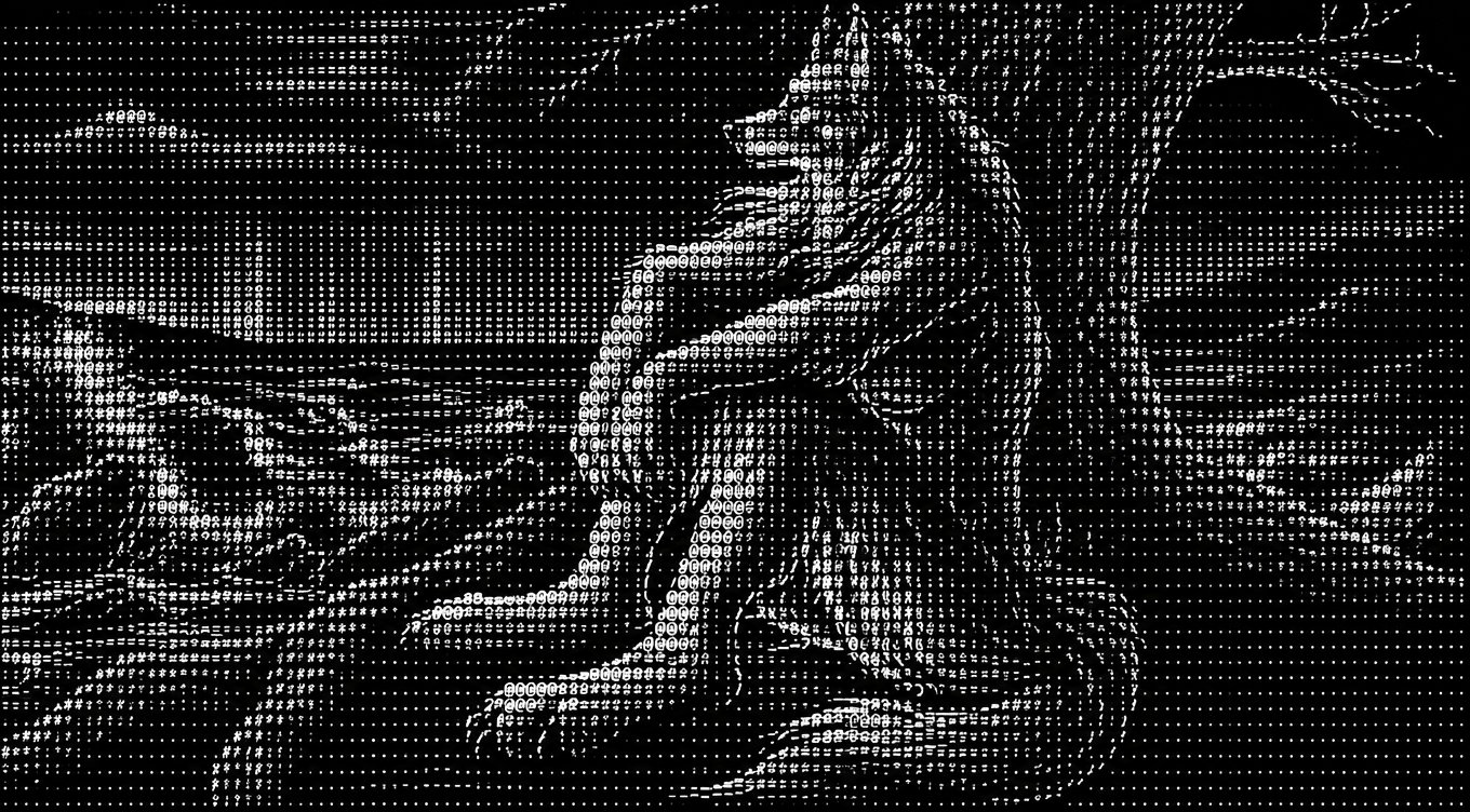 Monochrome ASCII art of a person sitting on a rocky landscape.