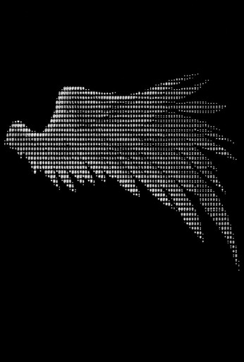 White ASCII art of a feather-like shape on a black background
