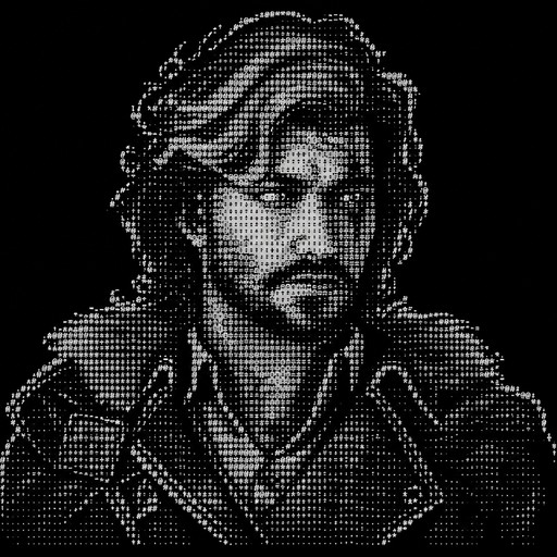 Monochrome ASCII-style portrait of a person with wavy hair wearing a jacket.