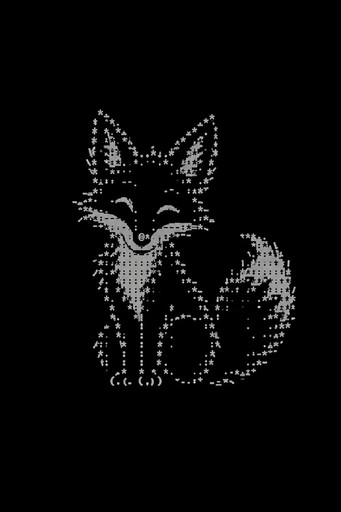 ASCII art of a seated fox with a fluffy tail.