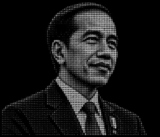 Monochrome ASCII-style portrait of a person wearing a suit and tie