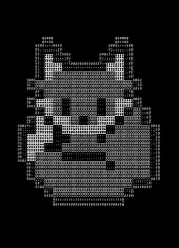 Monochrome ASCII art of a cat face with upright ears.