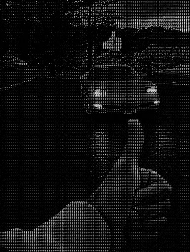 Monochrome ASCII-style image of a person holding a large object.