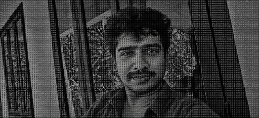 Grayscale ASCII-style portrait of a person standing beside window blinds