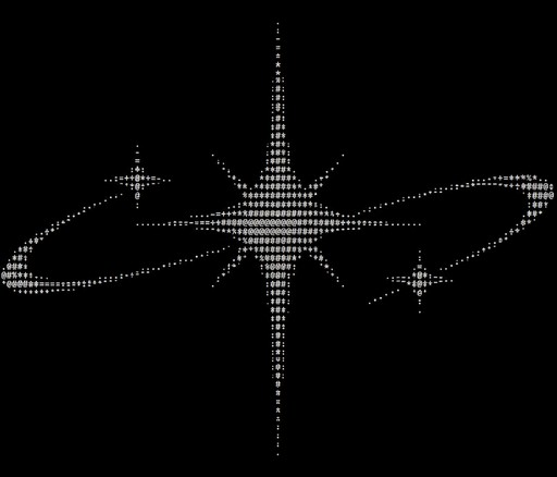 White ASCII art of a central star with two orbital loops on black background