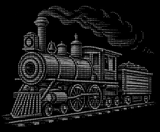 White ASCII art of a steam locomotive traveling on tracks against a black background.