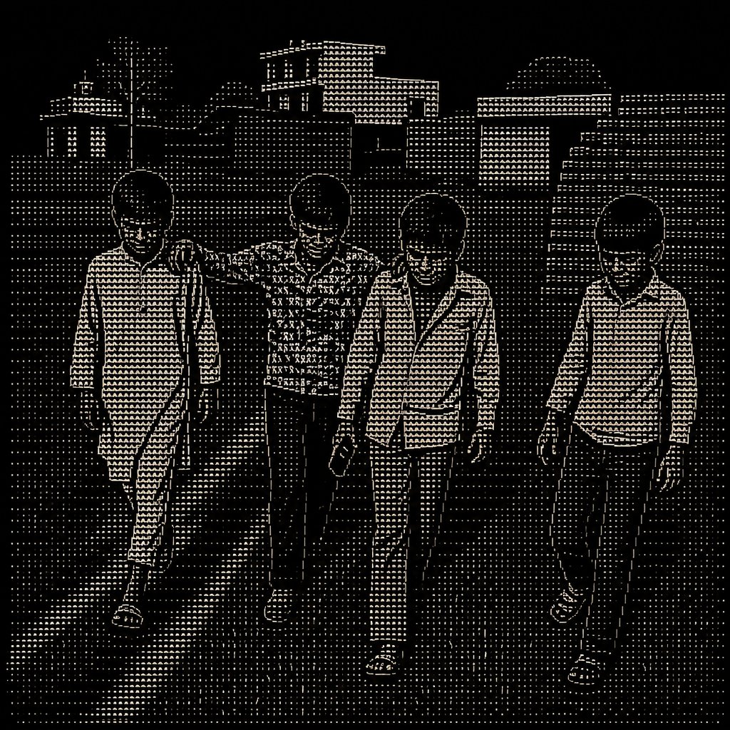 a group of young boys walking across a grass covered field
