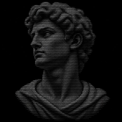 Grayscale ASCII art portrait of a classical sculpture head and shoulders