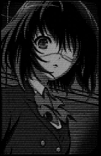 Monochrome ASCII-style portrait of a person with long dark hair and a scarf.