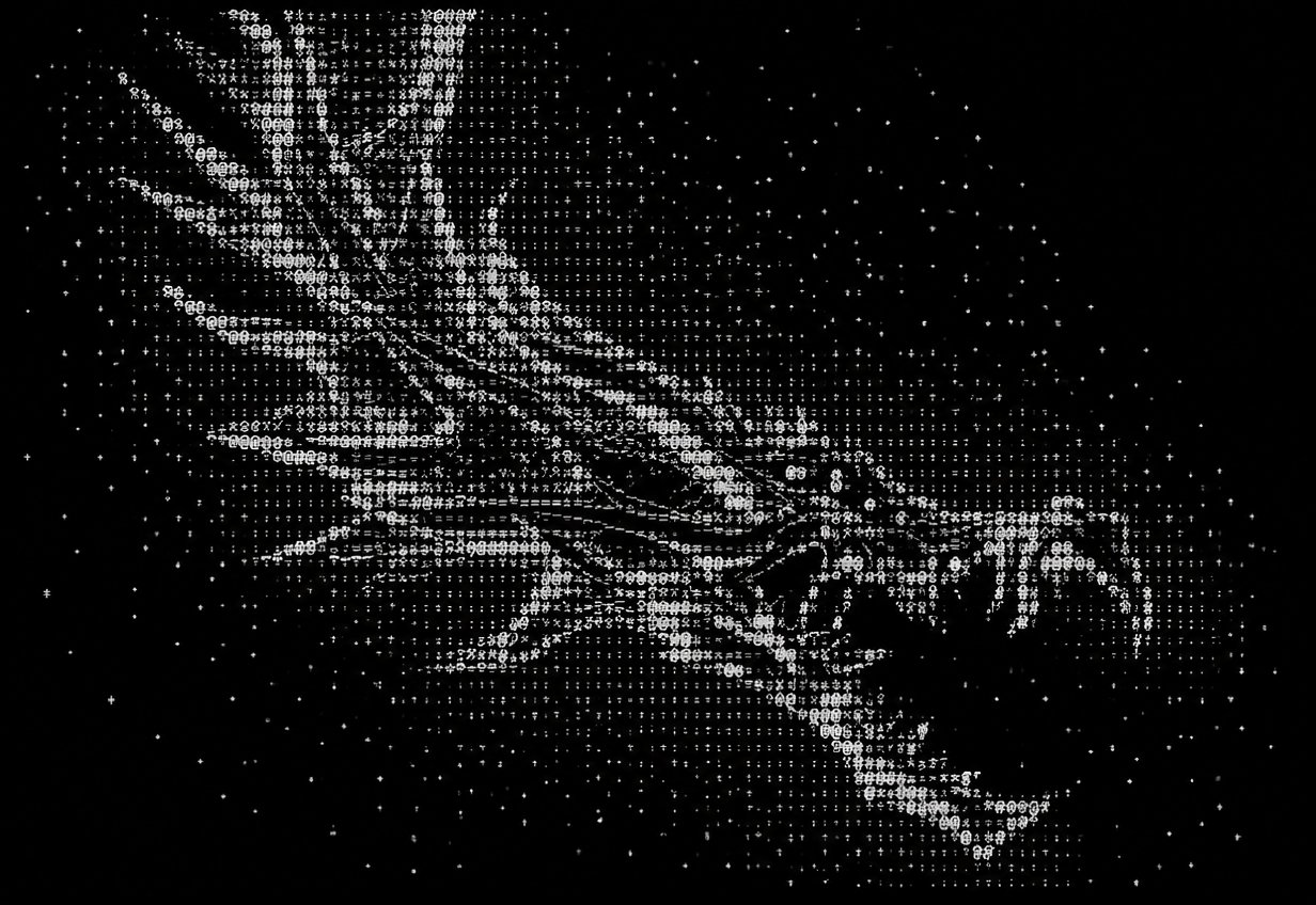 Monochrome ASCII-style depiction of a dragon-like creature in flight.