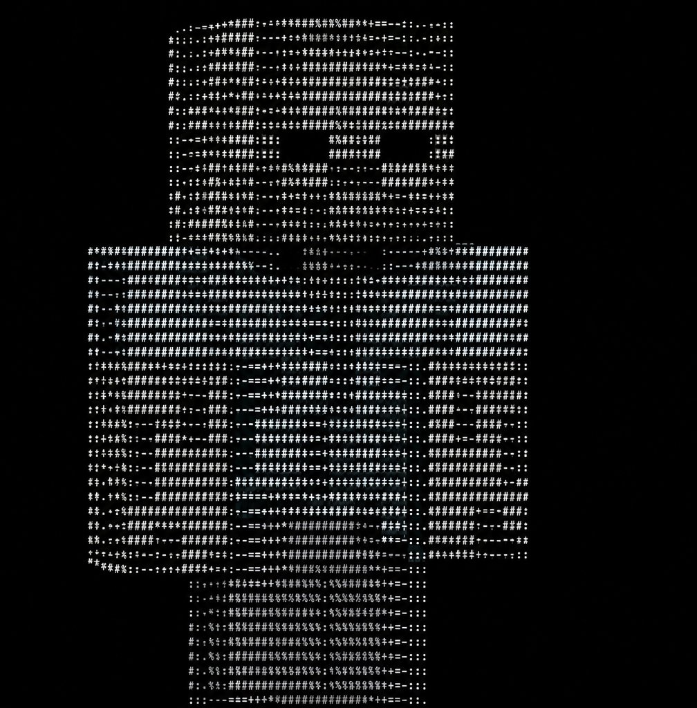 White ASCII-art person standing against a black background