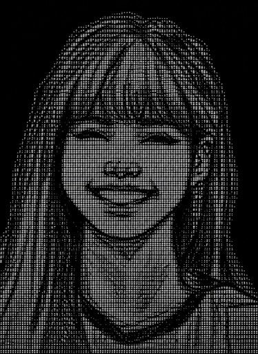 Black-and-white ASCII portrait of a smiling person with long hair.