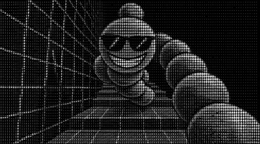 Monochrome ASCII art of a smiling figure in sunglasses on a wireframe grid.