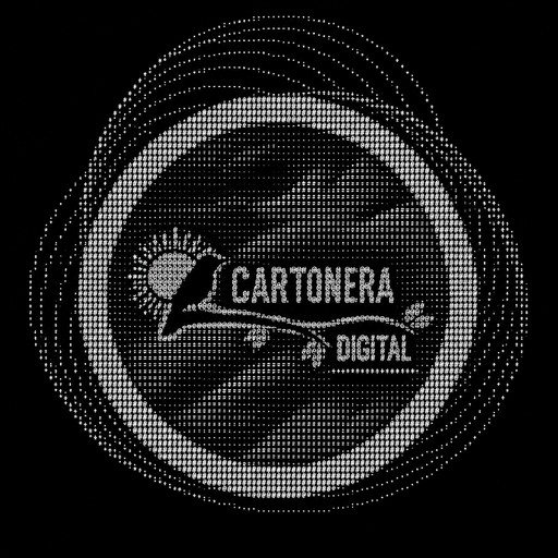 Monochrome ASCII-style circular emblem with text, headphones, and digital design elements