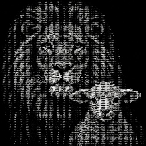 a majestic lion and a little lamb head facing forward