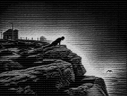 Monochrome ASCII art of a rocky shoreline with water and distant birds