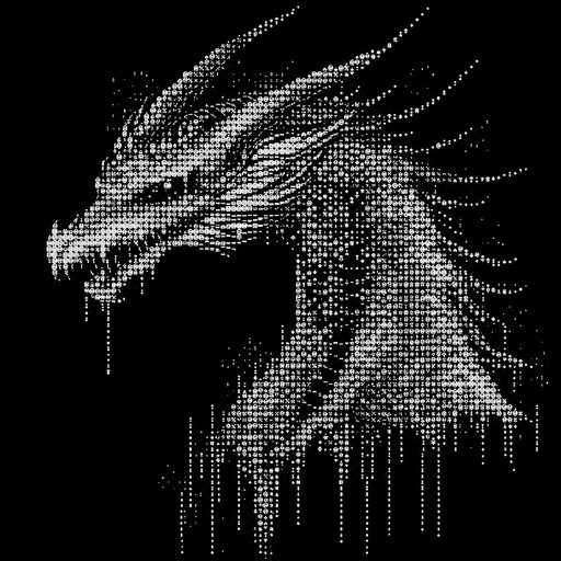 Monochrome ASCII art of a detailed dragon head and neck.