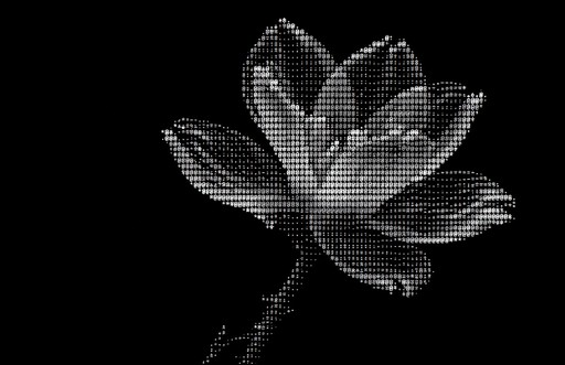 White ASCII art of a blooming lotus flower with leaves on black background