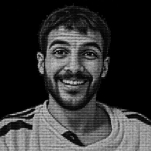 Grayscale ASCII portrait of a smiling person wearing a striped shirt
