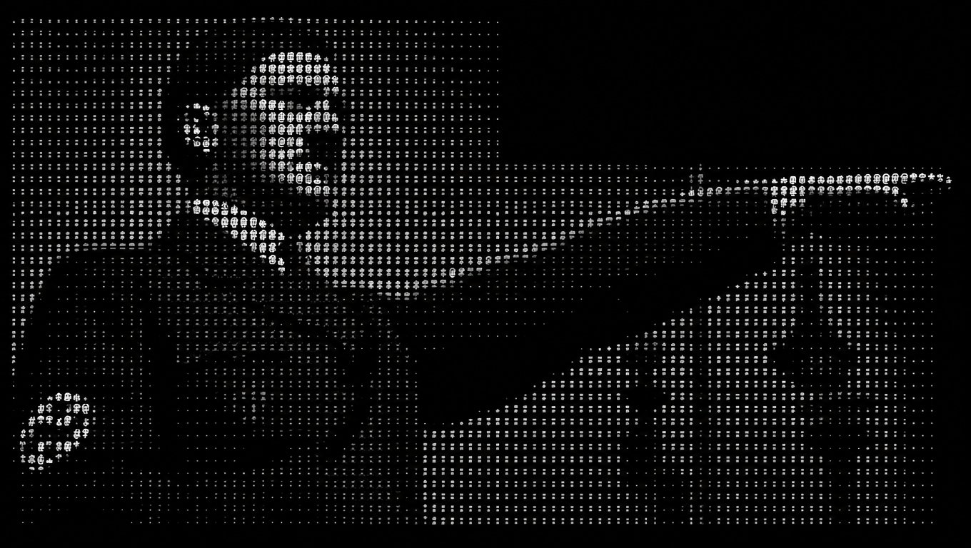 Monochrome ASCII-style person pointing outward with a raised arm.