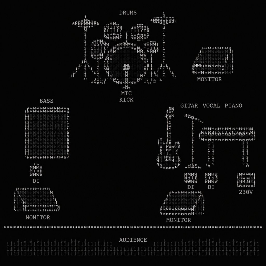 i need a layout of my band o stage for a techrider.
Gitar/Vocal/Piano + 2x DI box + Monitor + 230V at the right side
then Bass + Monitor + DI left
behind the Drum set + monitor + Mic on Kick