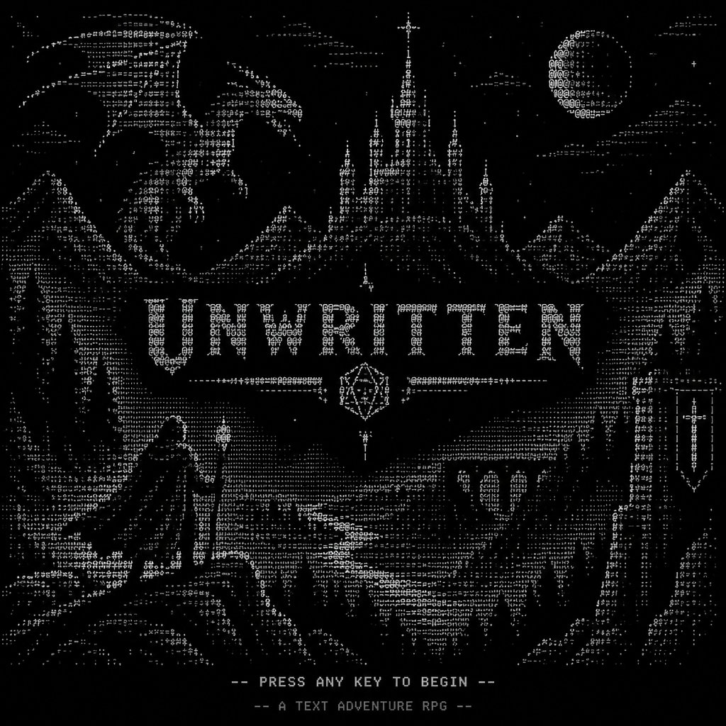 I need a text adventure rpg splash screen. the name of the game is UNWRITTEN. create a dnd themed mystical nice ascii art splash screen with 100 chars in width