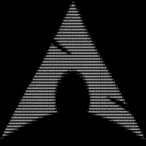 White ASCII art depicts a large triangular tent-like shape on black.