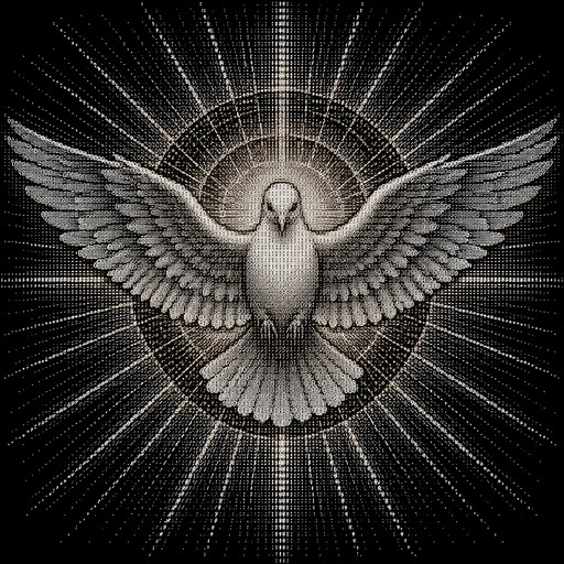 Create a highly detailed, symmetrical ASCII art representation of the Holy Spirit dove featured in Gian Lorenzo Bernini's stained-glass window in the apse of St. Peter's Basilica in Vatican City.

Subject and composition:

A majestic white dove representing the Holy Spirit, seen from the front, with both wings fully extended horizontally.

The wings must be anatomically plausible, elegant, and richly detailed, with individually distinguishable layers of feathers.

The dove's head is centered, slightly tilted downward, with a small beak and a peaceful, sacred expression.

The body is vertical and elongated, with a clearly defined breast and a fan-shaped tail.

A brilliant divine golden-radiance effect surrounds the dove, represented through ASCII characters arranged in concentric halos and long, symmetrical rays radiating outward in every direction.

The overall composition should evoke the monumental Baroque aesthetic of Bernini's original artwork: dramatic, majestic, luminous, and perfectly balanced.

ASCII requirements — absolutely essential:

Output genuine ASCII ART as plain text, NOT an image, NOT a JPEG, NOT a PNG, and NOT SVG.

Use ONLY printable ASCII characters (character codes 32–126).

Permitted characters include: . , : ; ' " ` - _ = + * # % @ / \ | ( ) [ ] { } < >

Use varying character densities to create shadows, highlights, feather textures, and depth.

Construct the entire dove and its surrounding rays directly from ASCII characters.

Do NOT use Unicode, emojis, box-drawing characters, or extended ASCII characters.

Do NOT wrap the artwork in Markdown code fences.

Do NOT include explanations, titles, captions, or any text outside the artwork.

Preserve all spaces and line breaks exactly.

Use a monospaced layout with consistent character spacing.

Make the artwork as large and detailed as possible, ideally 120–160 characters wide and 70–100 lines tall.

Ensure the dove remains recognizable when viewed in a terminal with a black background and white
