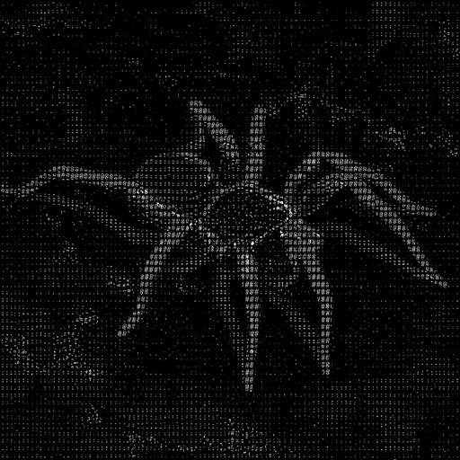 Monochrome ASCII art of a spider with outstretched legs.