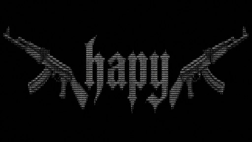 The word hapy in a gothic font with two ak 47s on each side