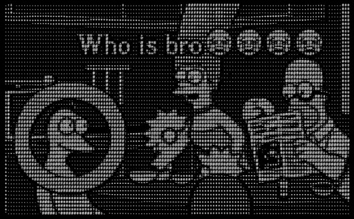 Monochrome pixel art of cartoon characters facing a large circular object.