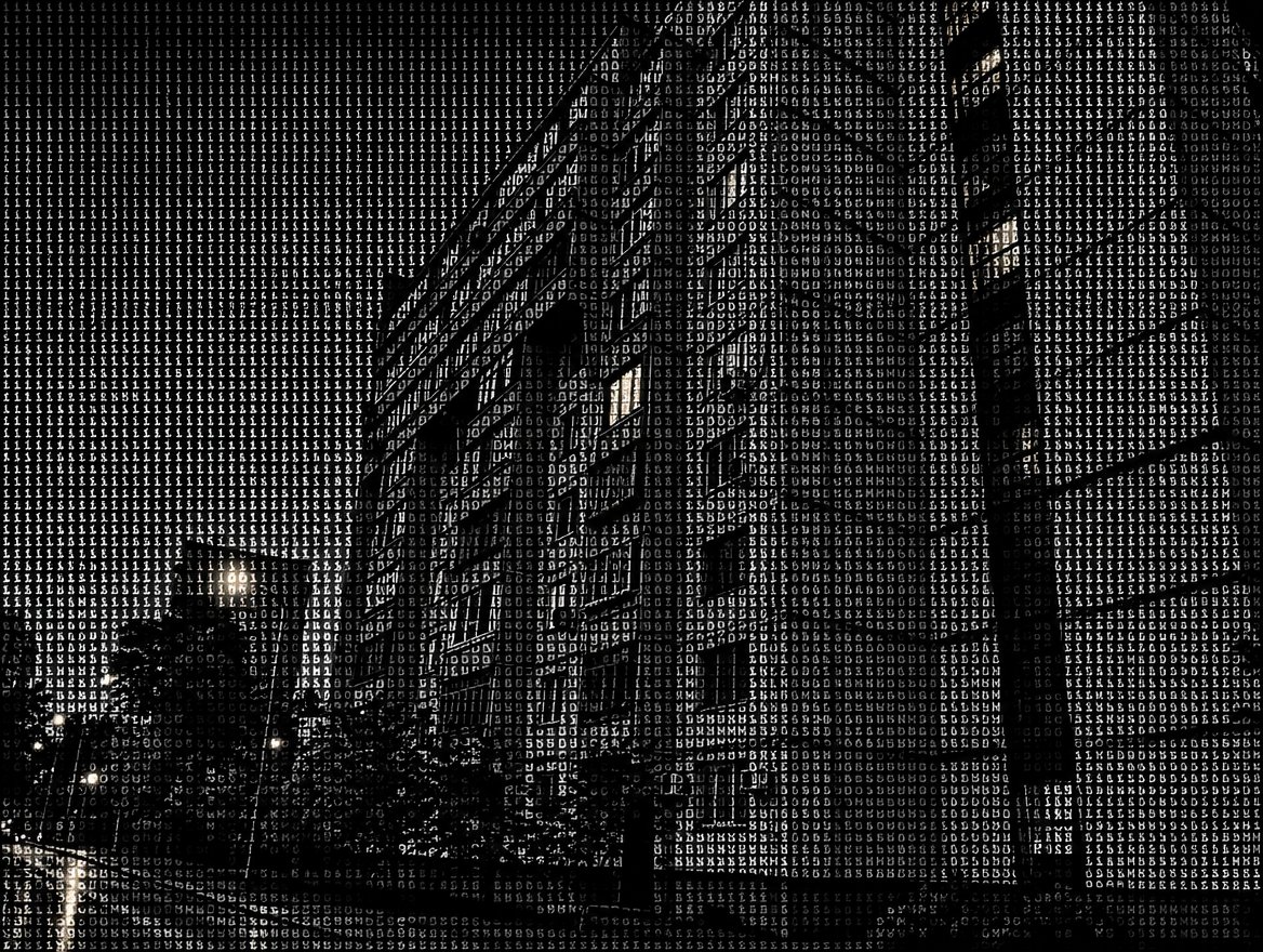 Black-and-white ASCII-style cityscape featuring tall buildings and streetlights.