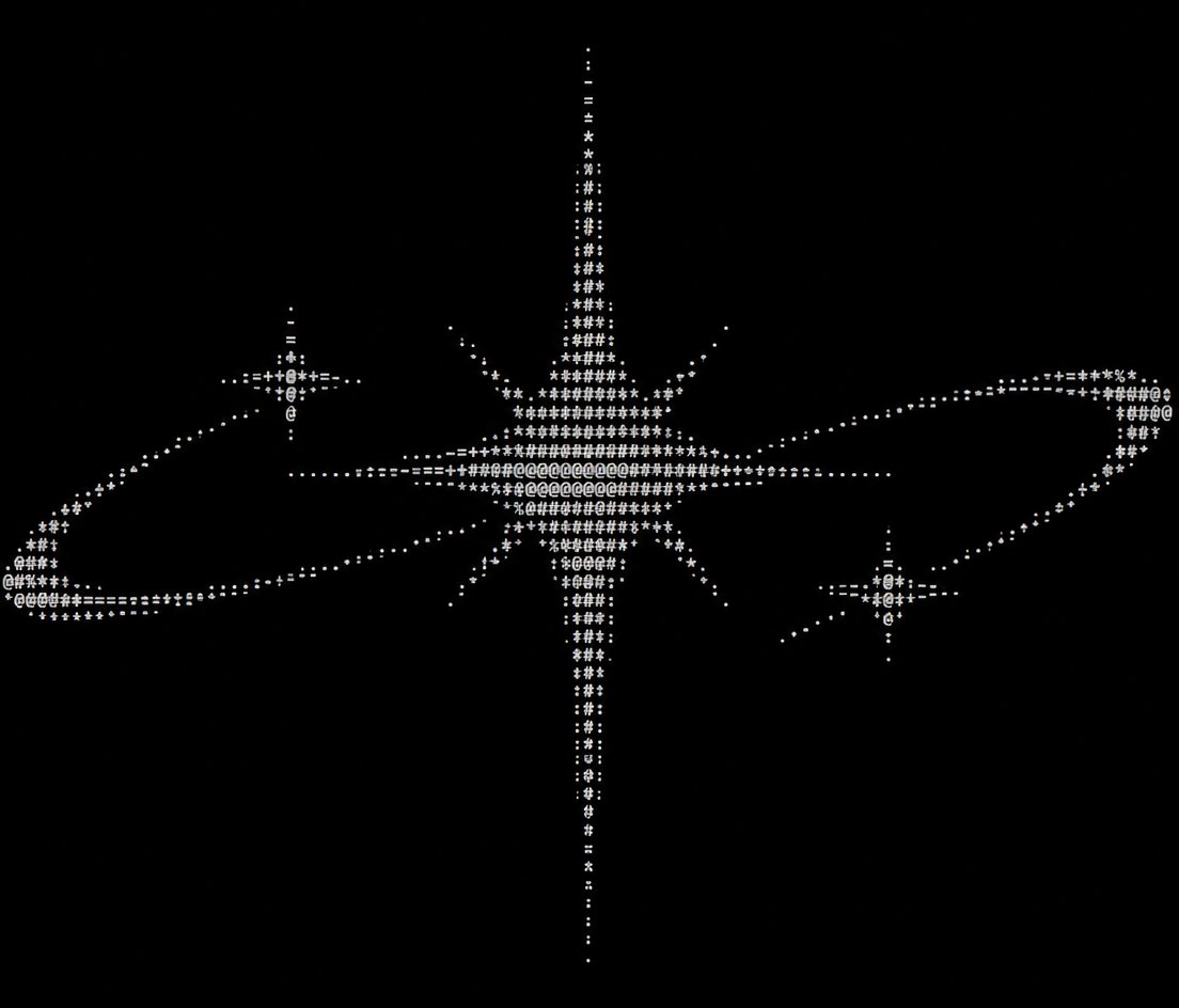 White ASCII art of a central star with two orbital loops on black background