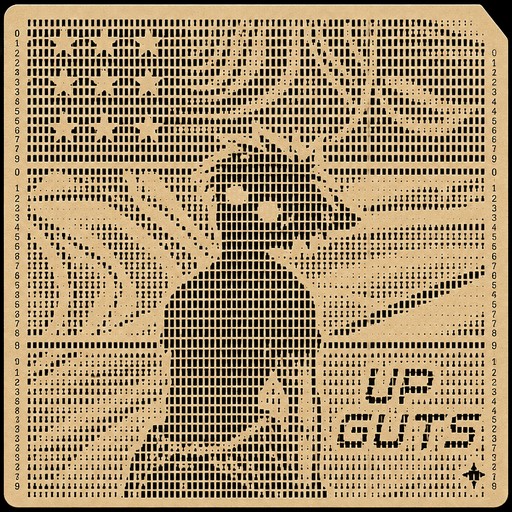 Monochrome ASCII art of a person in a landscape with birds and “Up Stairs” text