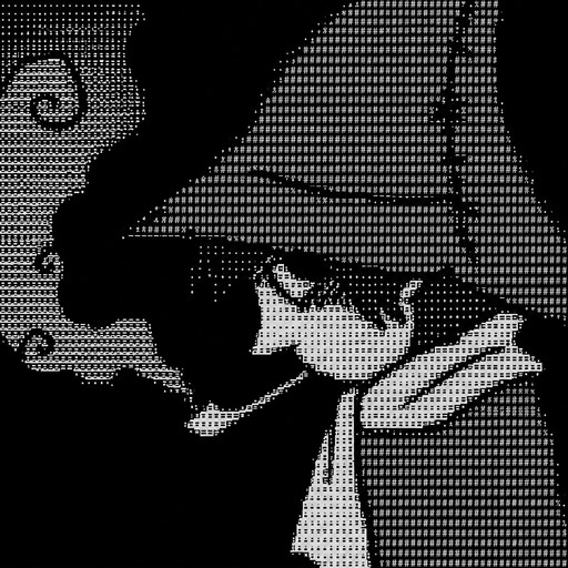 Black-and-white ASCII-style image of a person wearing a hat and scarf.