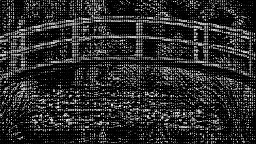 Monochrome ASCII-style drawing of a bridge over textured water