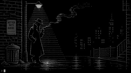Generate a noir style ASCII art: silhouette of a trench-coat wearing man under a glowing lamp light, smoking a cigarette in the dark, detailed smoke effects using text characters.