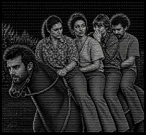 ASCII-style monochrome scene of four people riding a horse together
