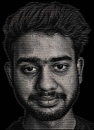 Black-and-white ASCII portrait of a person with short hair and facial hair