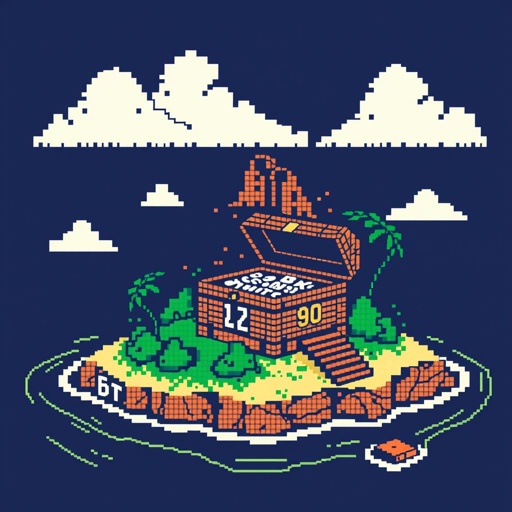 island with treasure chest made with letters and numers