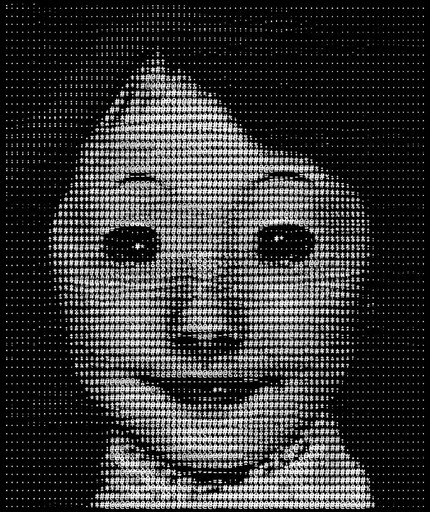 Grayscale ASCII portrait of a person facing forward with a slight smile