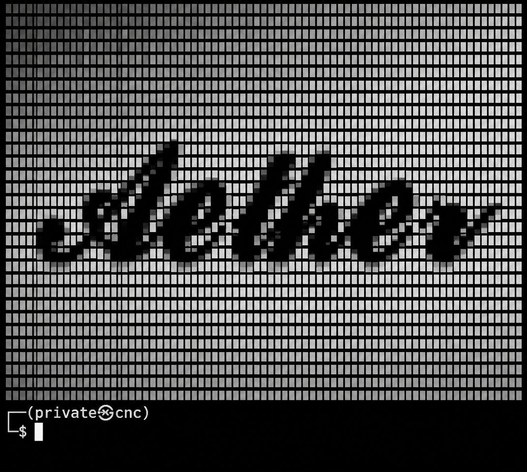 Black cursive lettering on a striped gray background with a command prompt below