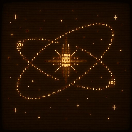 White ASCII art of a central star with two orbital loops on black background