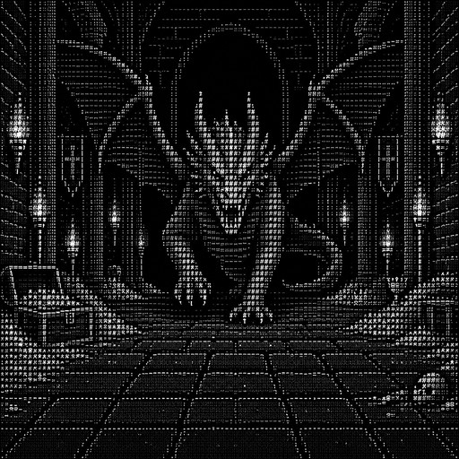 a dragon  approaching , in a dungeon floor, with dungeon walls in a perspective look, in  a large room filled with torches and treasure piles