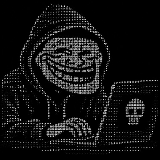 ASCII art of a hooded person using a laptop in monochrome dots
