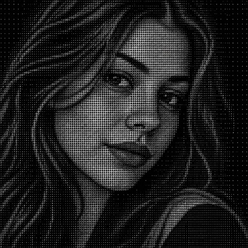 Transforme esta imagem em uma arte de texto usando caracteres Braille/pontinhos. Quero o máximo de detalhes possível, mantendo o formato do rosto, cabelo, olhos, nariz e sombras. Use alta densidade de caracteres e entregue o resultado como texto puro, pronto para copiar e colar, sem explicações.”