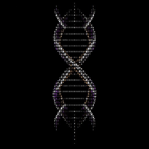 Seamlessly looping ASCII animation of a mysterious DNA double helix, slowly rotating and twisting in 3D. The strands resemble two interwoven X shapes, with sharp angular geometry and a dark occult cyberpunk aesthetic. Rendered entirely with terminal characters such as / \ | # * + . and @. Bright bone-white characters with subtle violet and amber accents against a pure black background. Retro underground hacker demoscene, experimental biotech, elegant and sinister. Fixed camera, centered symmetrical composition, smooth continuous rotation, readable silhouette at small size. No words, no logos, no background scenery.