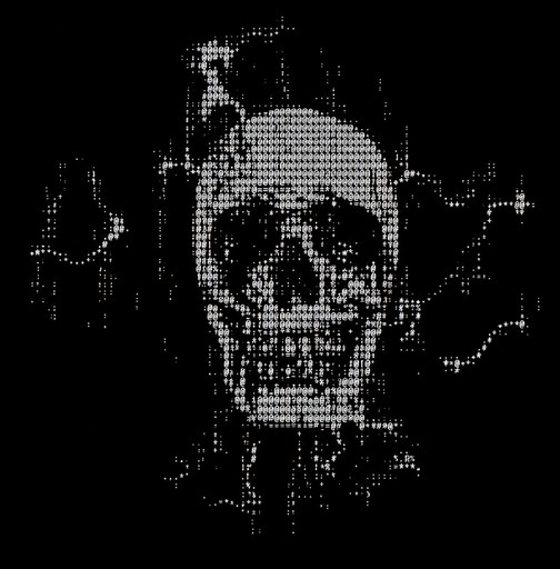 Monochrome ASCII art of a skull with scattered abstract marks on black background